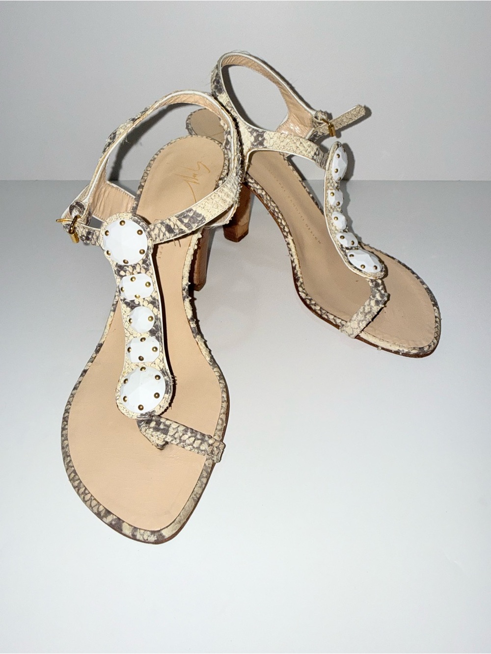 Giuseppe Zanotti Beige Snake-Embossed T-Strap Sandals with White Discs